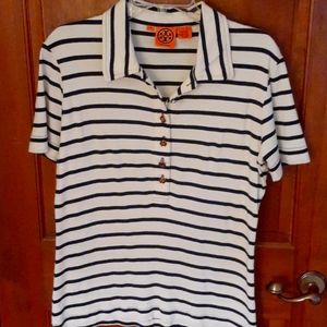 Tory Burch Melody Stripe Navy White Logo Button Polo Shirt